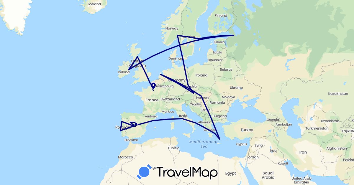 TravelMap itinerary: driving in Austria, Czech Republic, Denmark, Spain, France, United Kingdom, Greece, Hungary, Ireland, Italy, Netherlands, Norway, Portugal, Russia, Sweden (Europe)